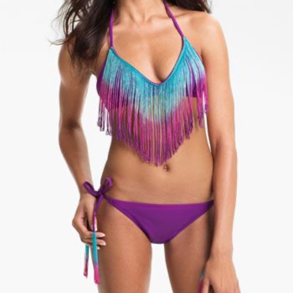 The bikini lab size S purple teal fringe bikini